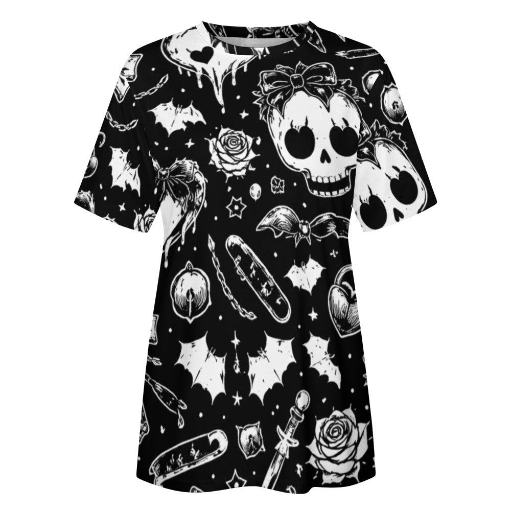 Women's Black & White Skulls Goth Pattern 100% Cotton T-Shirt - Image 4