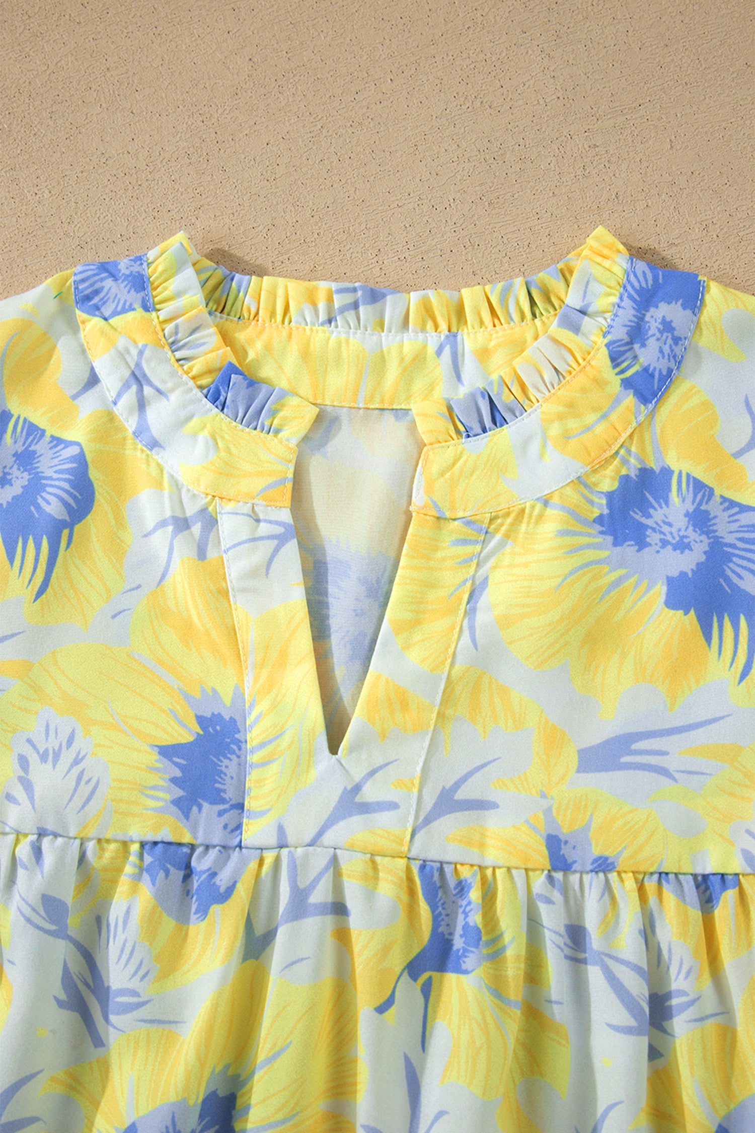 Yellow Floral Short Bubble Sleeve Summer Blouse