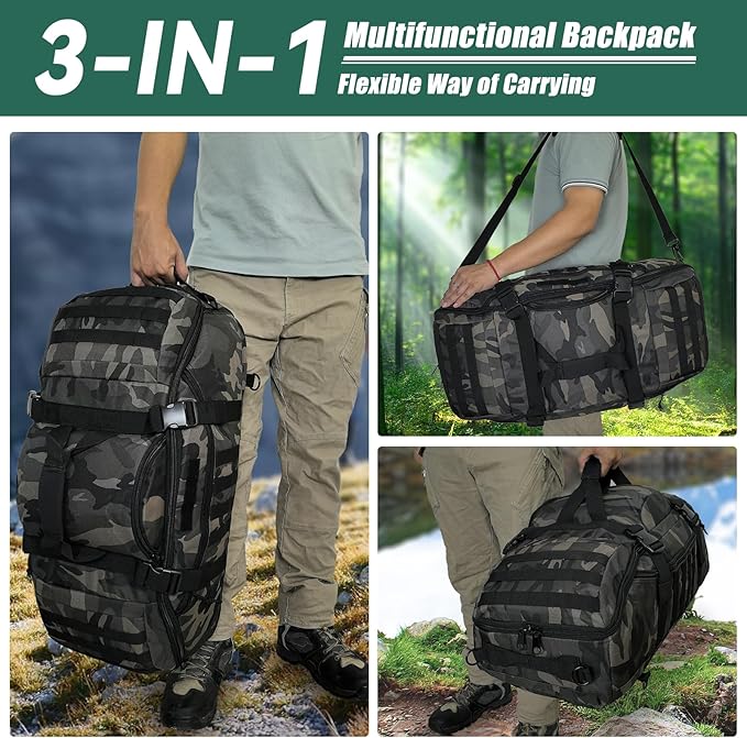 55L Large Duffle Bag, 3-in-1 Tactical Backpack MOLLE Pack for Gym, Sports, Outdoor, Black Camo