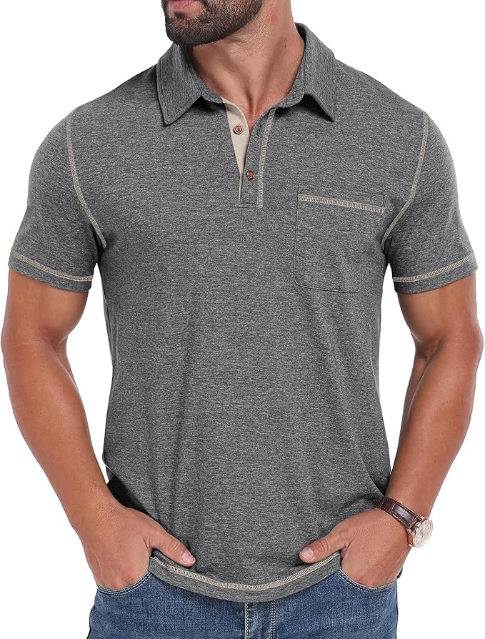Men's Short Sleeve Polo Shirt with Pocket Casual Summer Golf Top