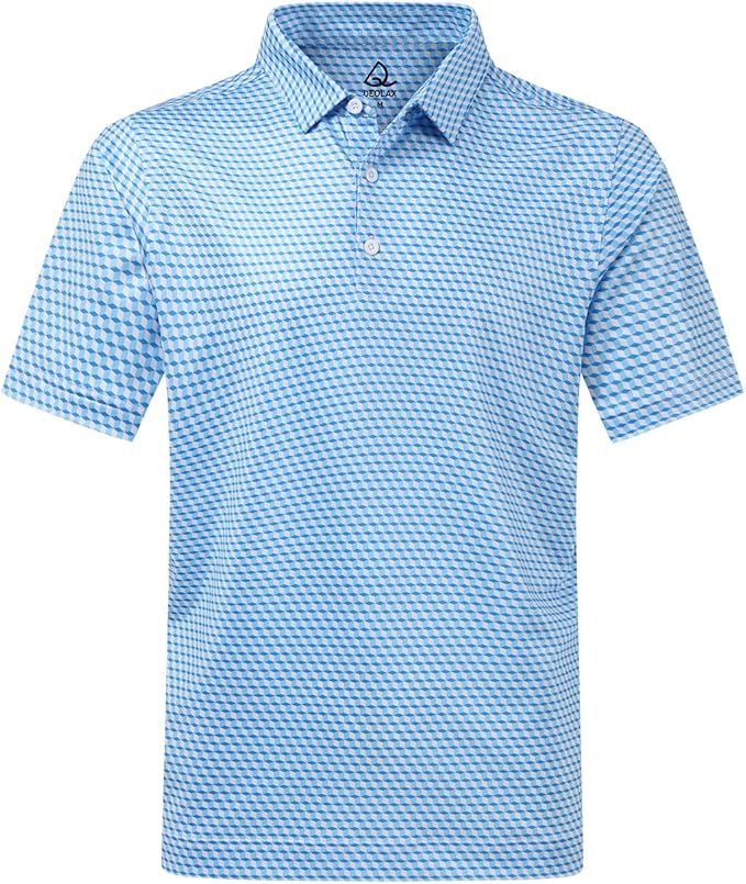 Men's geometric print performance golf polo in light blue and white with a structured double collar.