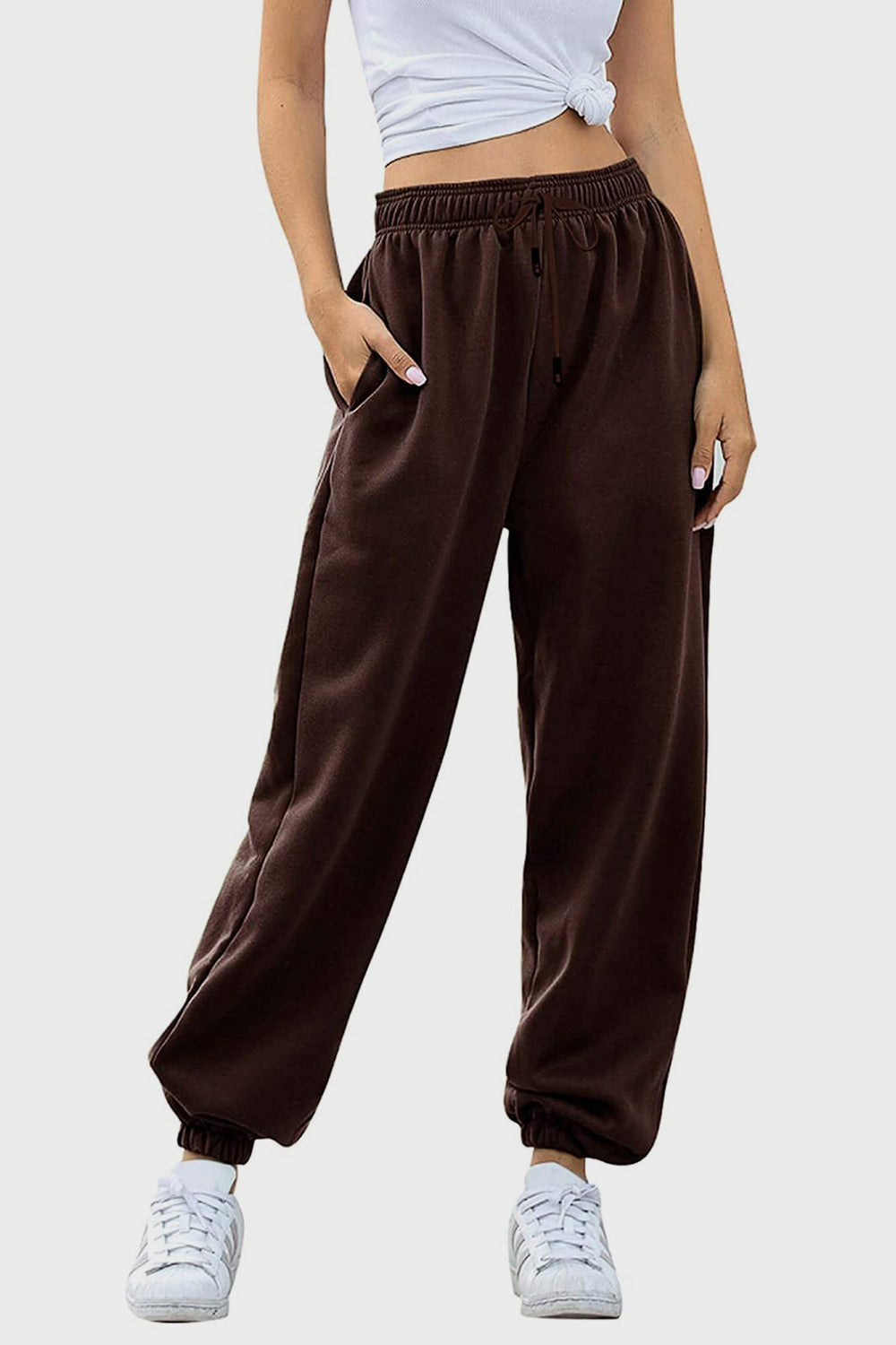 Women's Black Elastic Waist Jogger Pants with Side Pockets - Image 24