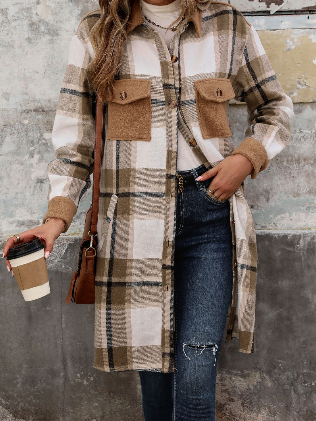 Women's Plaid Button Up Long Sleeve Coat with Side Slits - Image 3