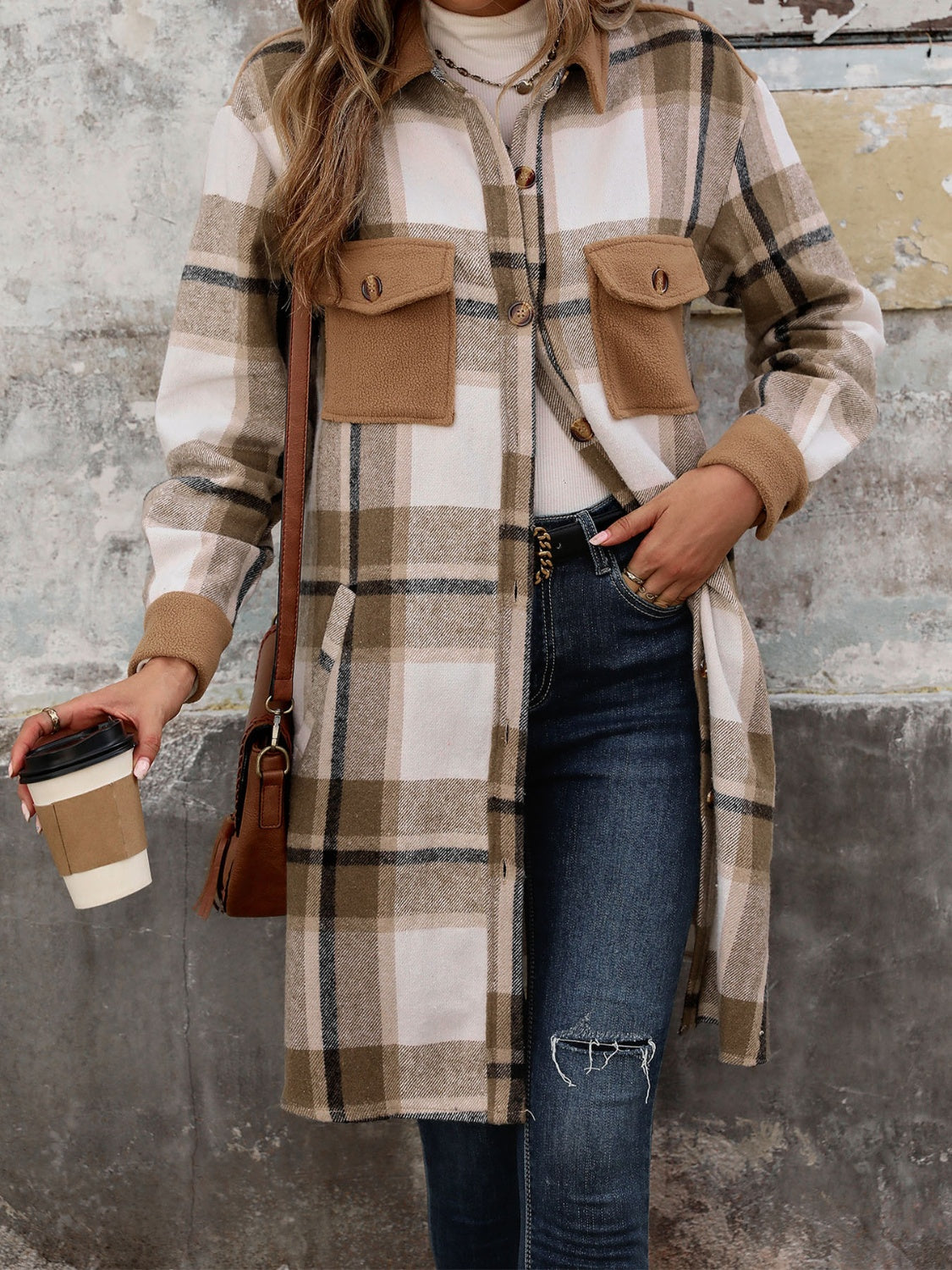 Women's Plaid Button Up Long Sleeve Coat with Side Slits - Image 3