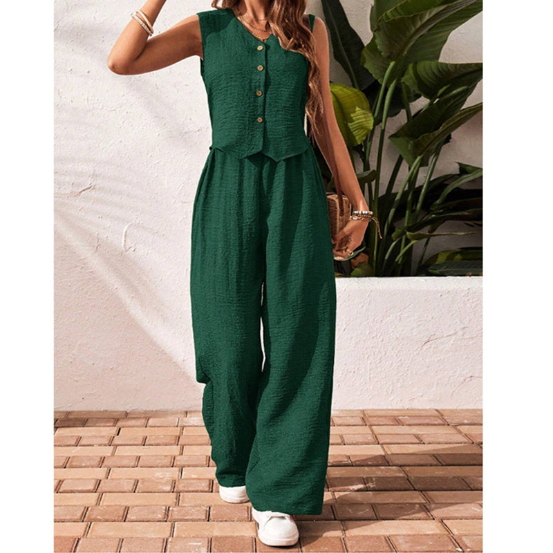 Women’s V-Neck Crop Vest and Wide-Leg Pants Matching Set