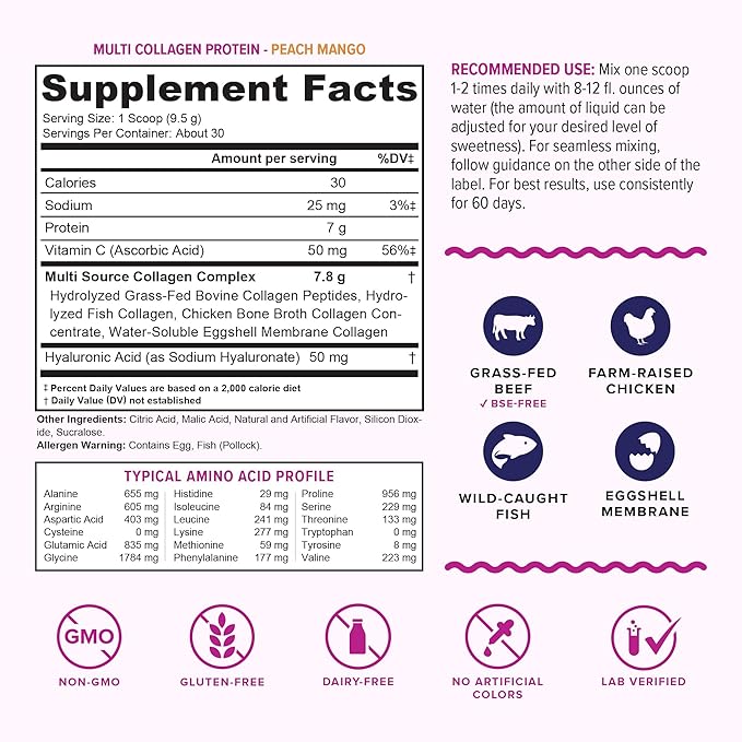 Multi Collagen Peptides Powder for Women - Hydrolyzed Flavored Collagen Powder for Women with Types I II III V & X Vitamin C & Hyaluronic Acid for Hair Skin and Nails (Peach Mango) - 30 Servings