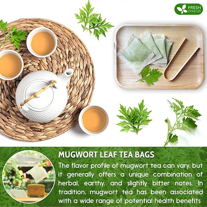FreshDrinkUS, Premium 90 Mugwort Leaf Tea Bags, 100% Natural and Pure Mugwort Leaves. Loose Leaf Mugwort Herbal Tea. Mugwort Leaf Tea. No Sugar, No Caffeine, No Gluten, Vegan. (90 Tea Bags)