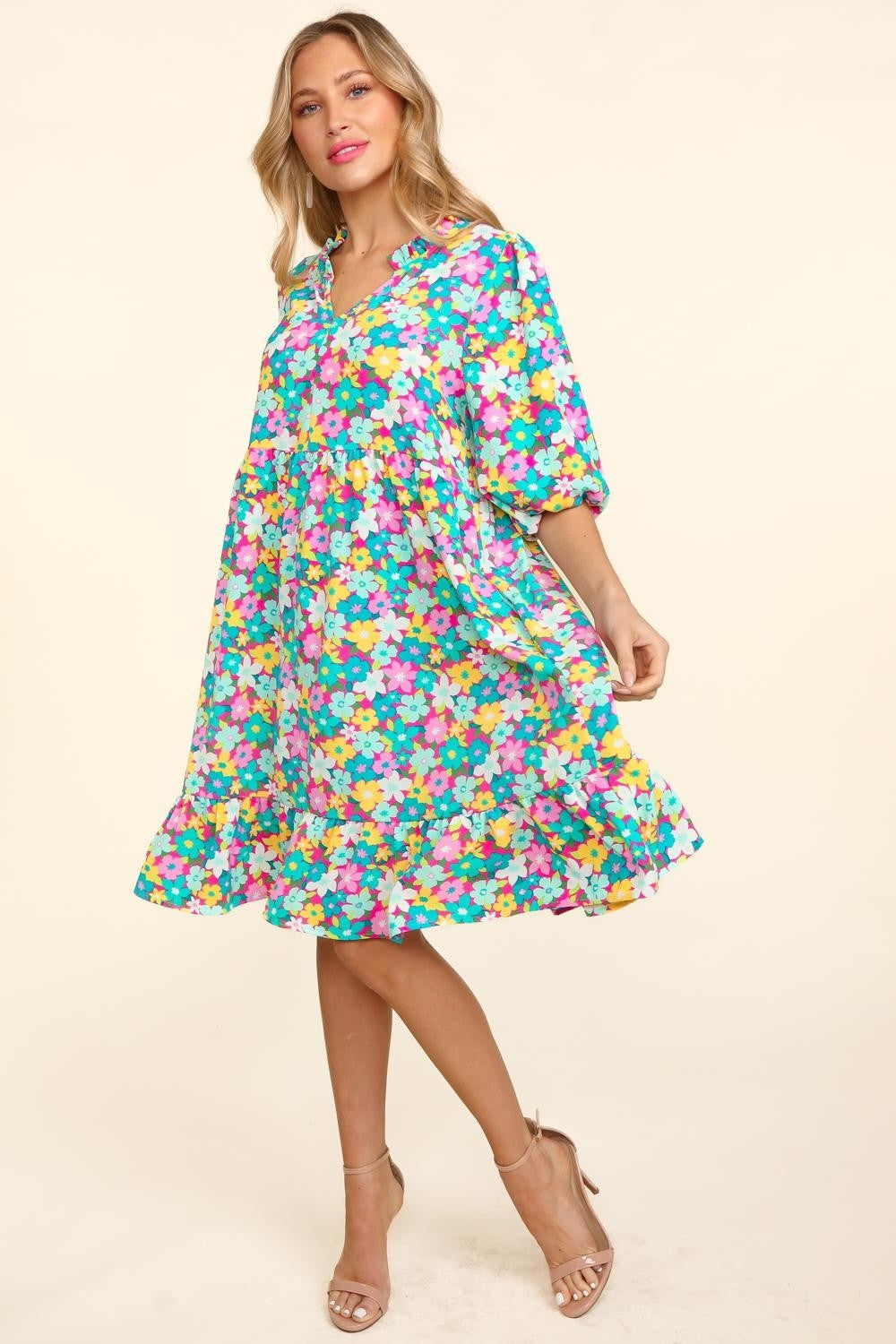 Floral Ruffled Summer Dress with Bubble Sleeves - Romantic Mini