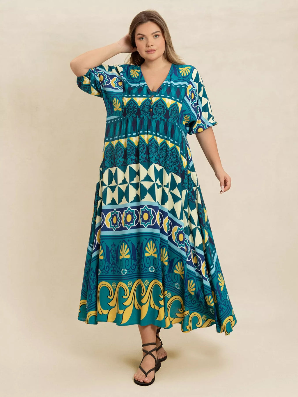 Plus Size Printed V-Neck Half Sleeve Midi Dress