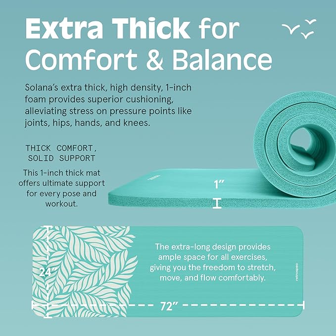 Retrospec Solana Yoga Mat 1" Thick w/Nylon Strap for Men & Women - Non Slip Exercise Mat for Home Yoga, Pilates, Stretching, Floor & Fitness Workouts - Blue Lagoon
