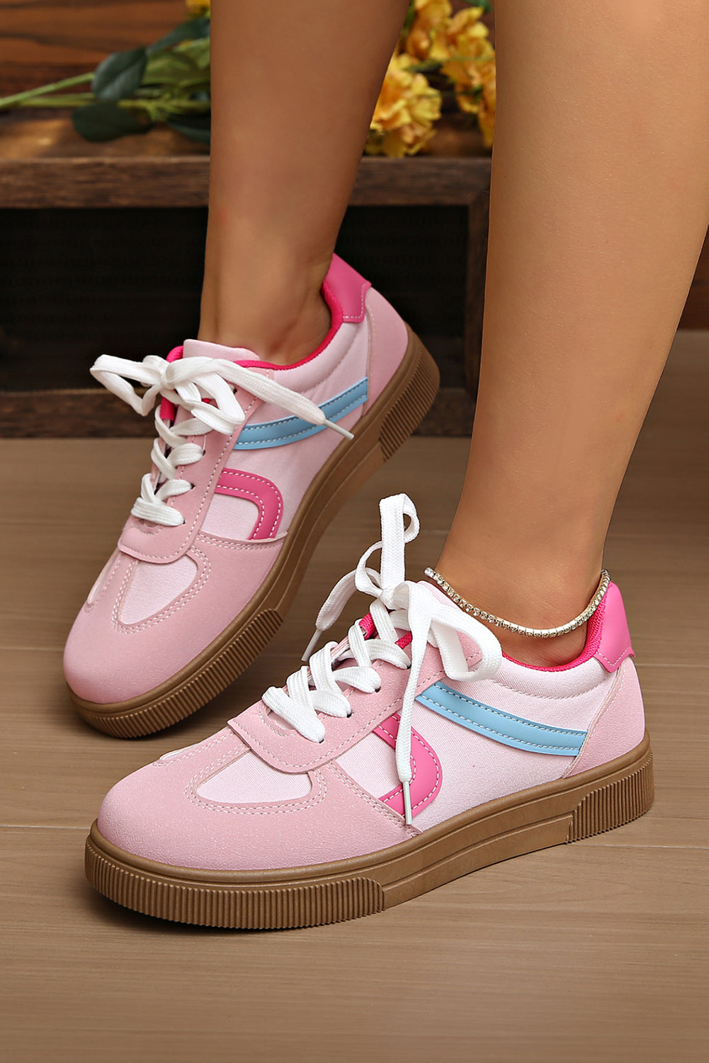 Pink Striped Patchwork Lace Up Sneakers | PU Leather