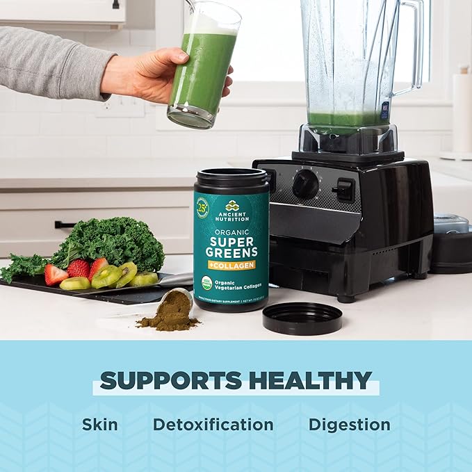 Ancient Nutrition Supergreens Powder, Organic Superfood Powder with Collagen, Made from Real Fruits, Vegetables and Herbs, for Digestive and Energy Support, 25 Servings, 7.5oz