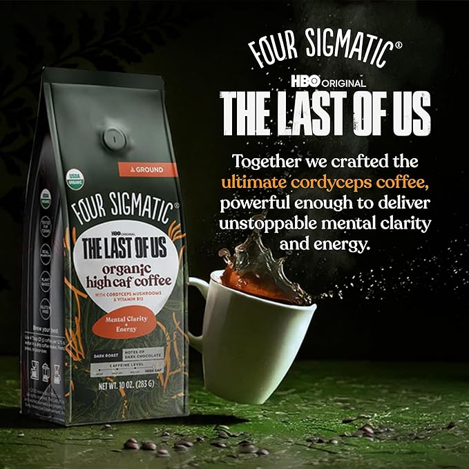 Four Sigmatic The Last of Us High Caffeine Cordyceps Coffee | Organic Dark Roast Extra Strong Ground Coffee with L-Theanine | Energy Booster Without the Jitters | 10oz Bag