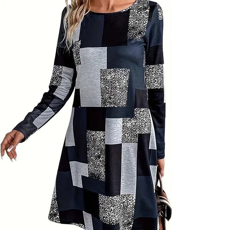 Women's Round Neck Long Sleeve Patchwork Print Casual Dress - Image 2