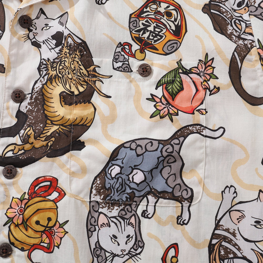 Men's Ukiyo-e Cat Print Cotton Hawaiian Camp Collar Short Sleeve