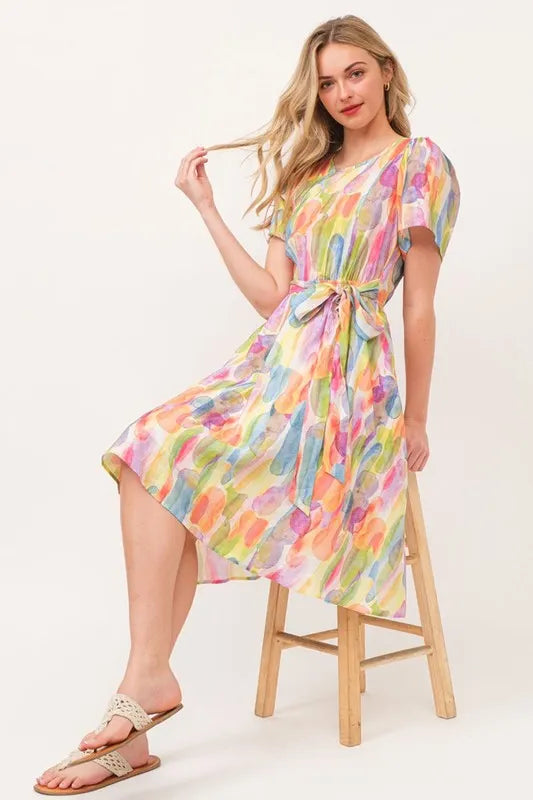 Lime 'N' Chili Watercolor Print Tie Front Midi Dress