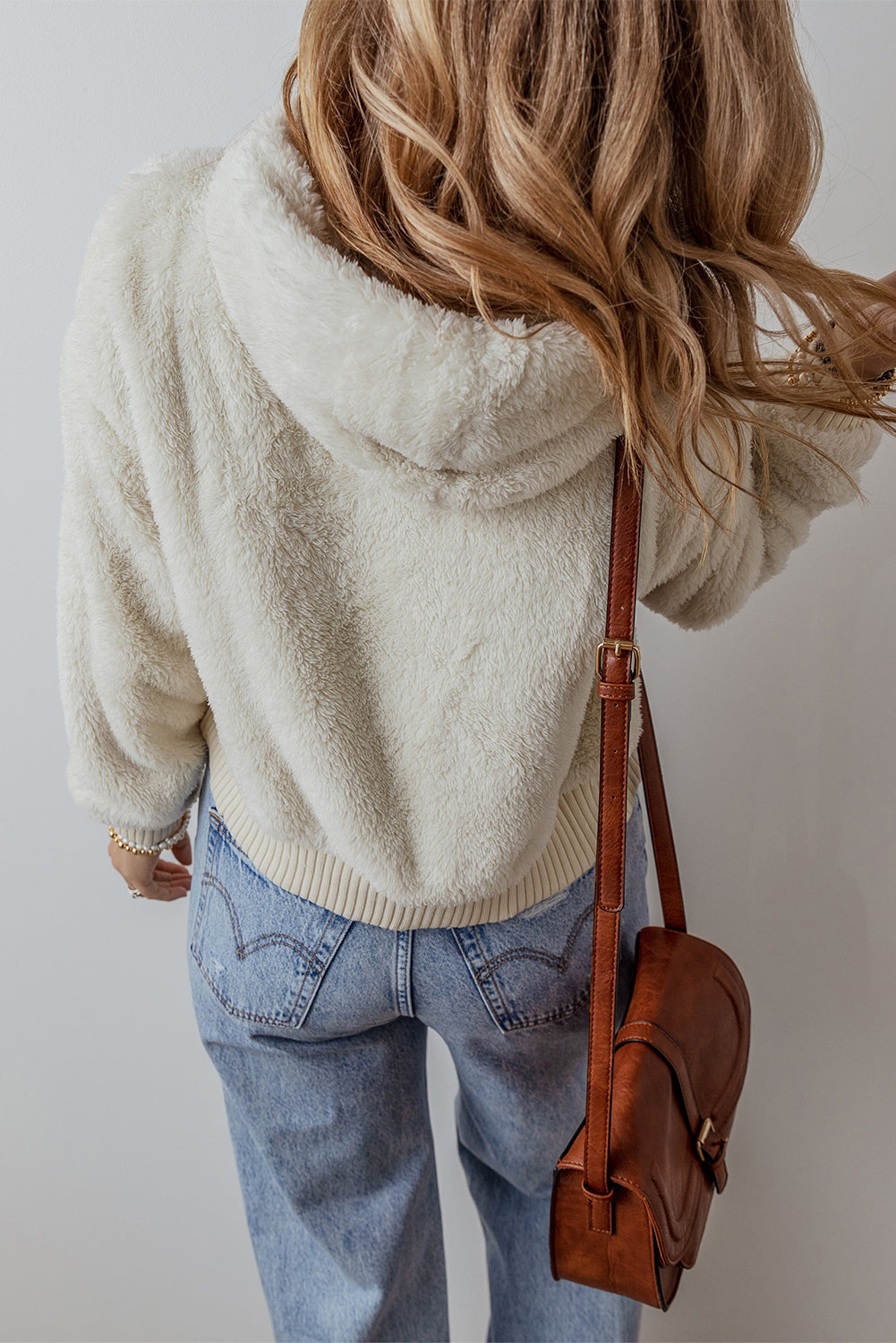 White Plush Hoodie with Contrast Ribbed Hem and Cuffs