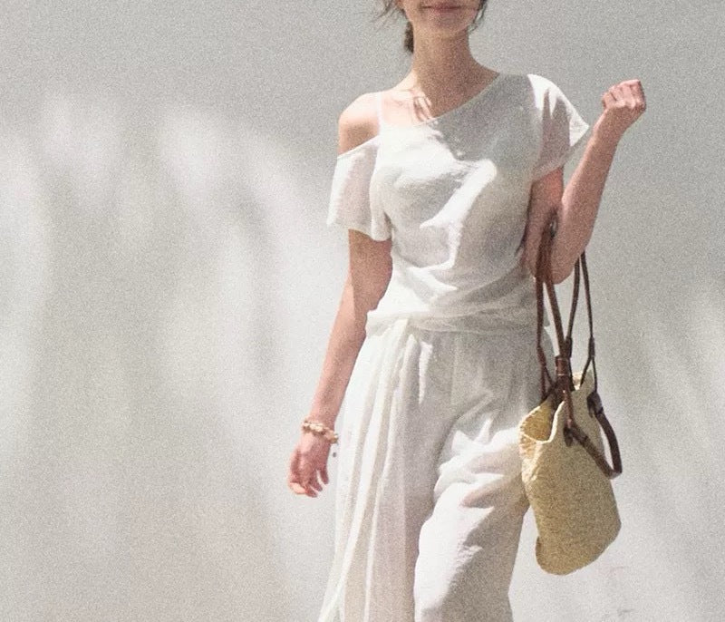 Off-Shoulder Linen Blend Two-Piece Set with Lace Trim - Image 9