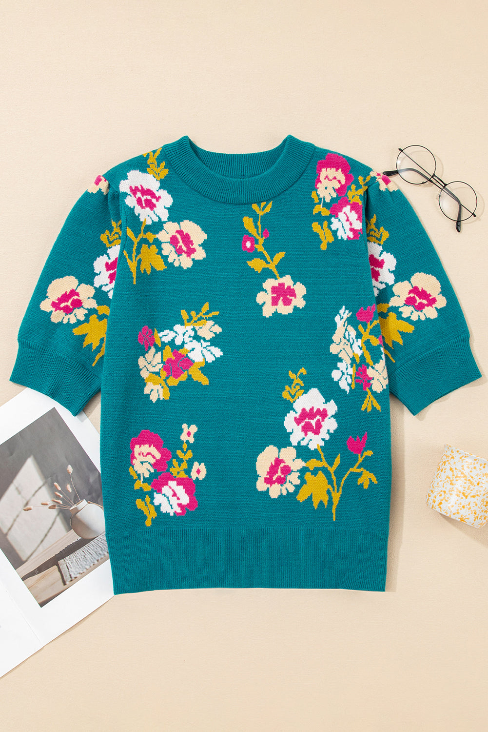 Blue Flower Pattern Mock Neck Short Sleeve Knit Tee
