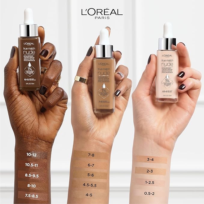 L'Oreal Paris True Match Nude Hyaluronic Tinted Serum Foundation with 1% Hyaluronic acid, Cool Deep 7.5-8.5, 1 fl. oz.