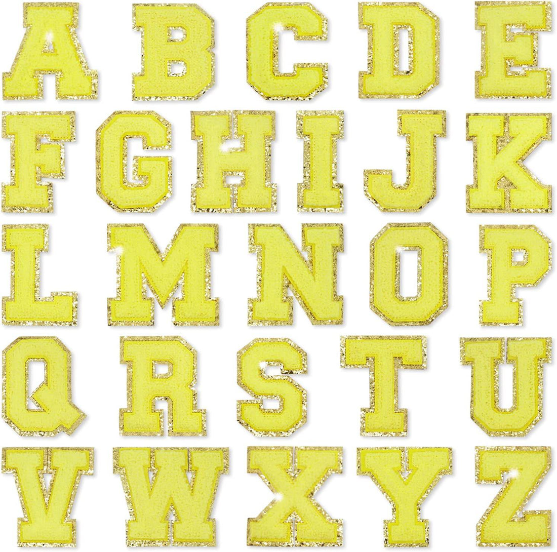 Yellow Chenille Letter Patches Self Adhesive Gold Trim 2.2 Inch