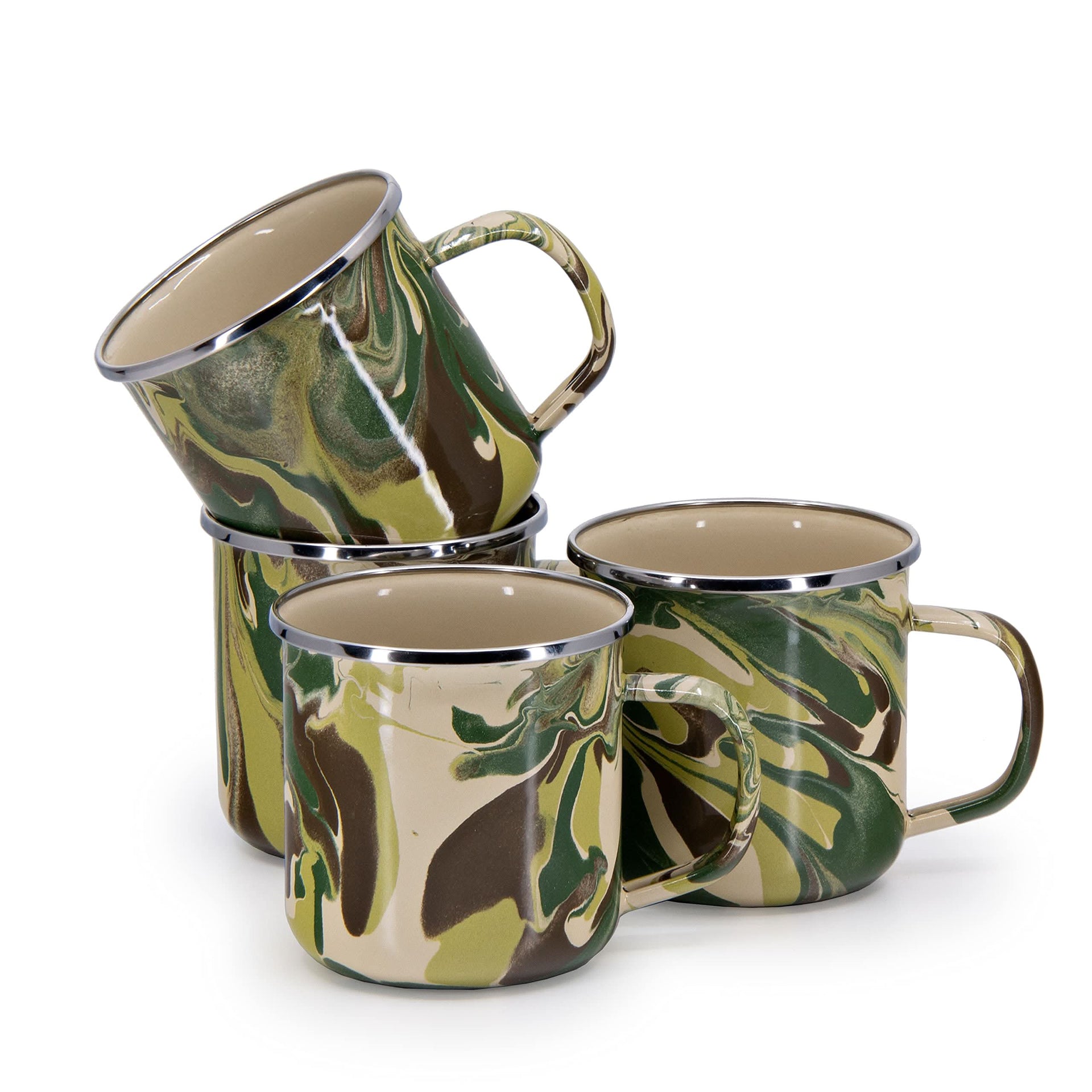 Set of four 12oz enamelware mugs featuring a green, brown, and tan camouflage pattern.