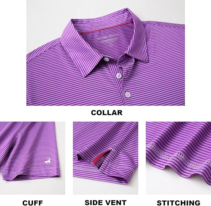 Mens Striped Performance Golf Polo Shirt - Moisture Wicking Dry Fit
