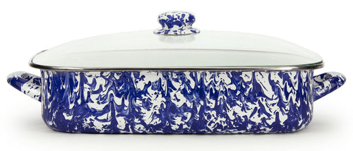 Black Swirl 10.5 quart enamelware roasting pan with tempered glass lid and stainless steel trim.