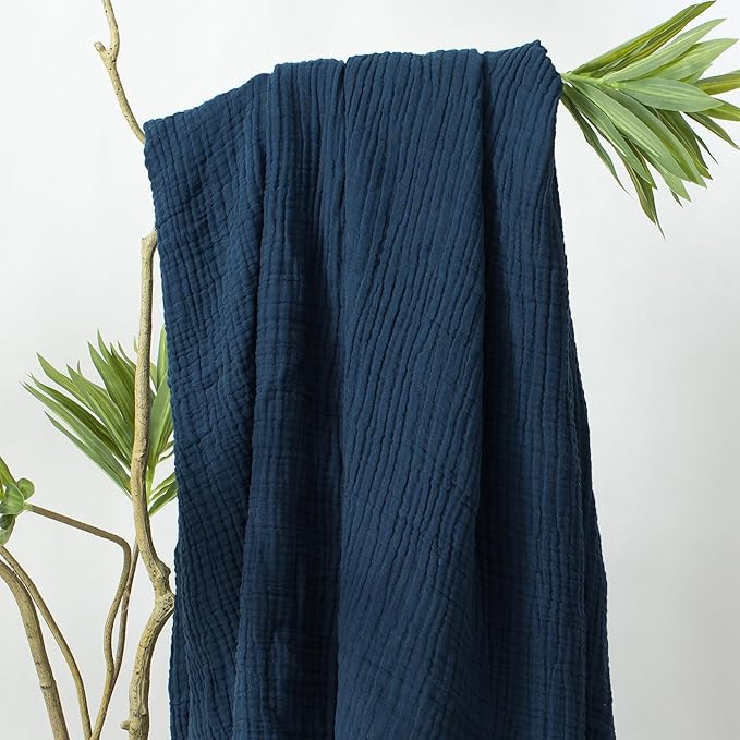 Carriediosa 100% Cotton Muslin Throw Blanket 50" X 70" Throw XL Size，4-Layers Summer Gauze Throws for Bed Couch，Soft Lightweight Breathable Linen Blankets Bedspread for Adults All Season，Navy Blue