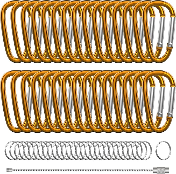 30PCS Aluminum Carabiner Clips, 2" D Shape Spring Snap Hooks Carabiner with 30PCS Keyring Keychain Hook