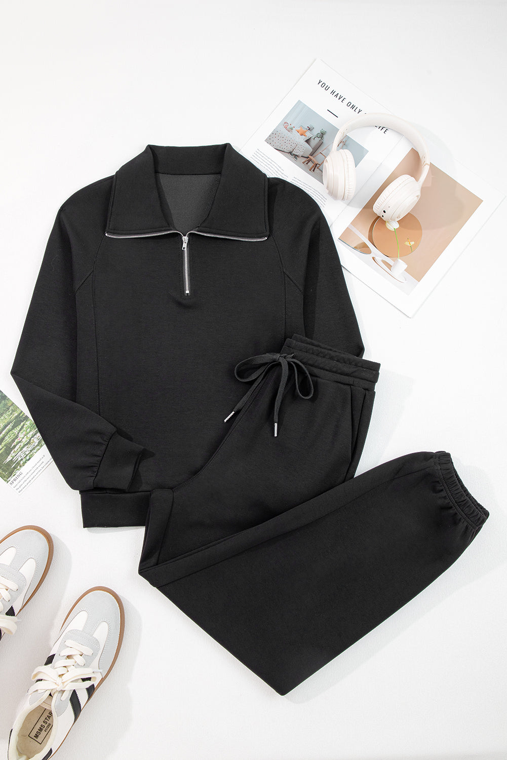 Solid Quarter-Zip Top and Drawstring Pants Set