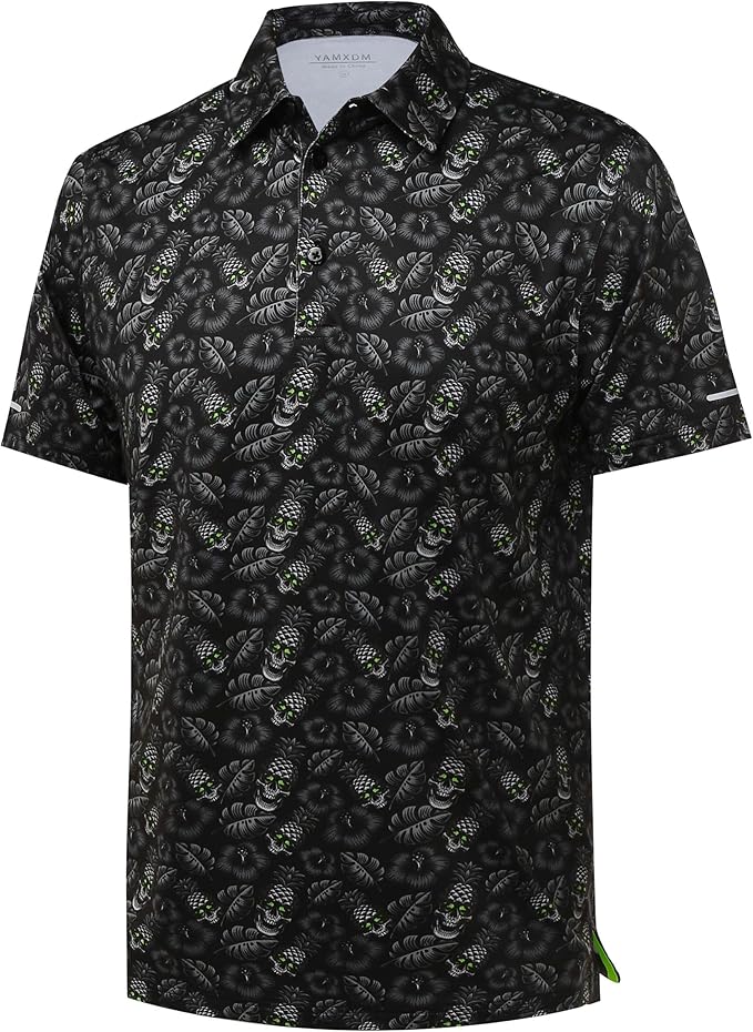 Men's short sleeve striped performance golf polo with reflective cuff detailing.