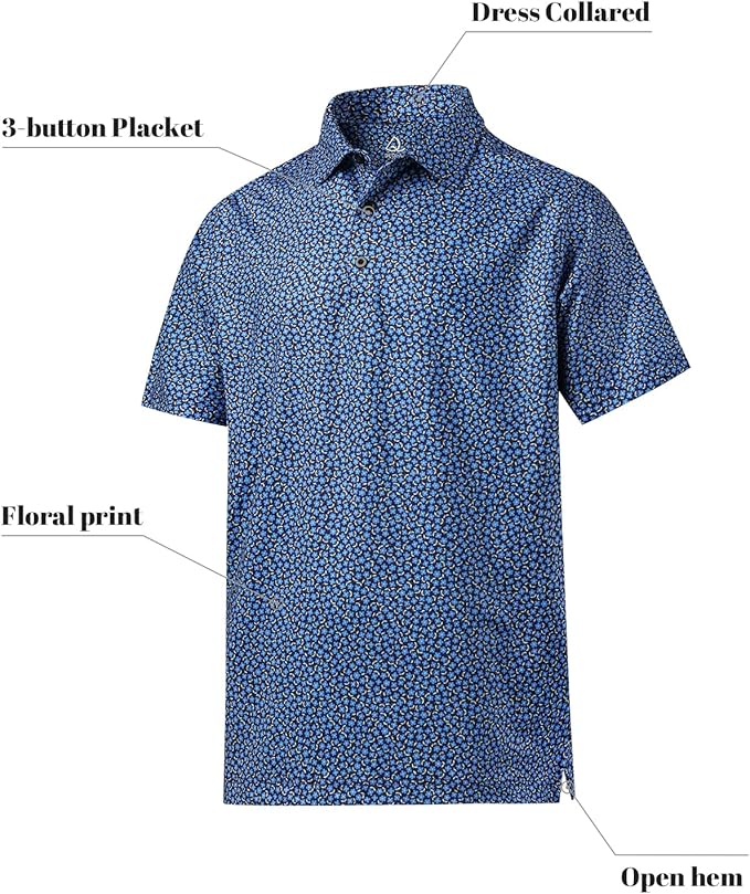 Mens Floral Golf Polo Shirt Short Sleeve Dry Fit Athletic Top