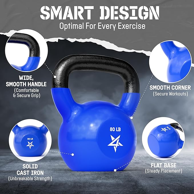 Yes4All 5-100 LB Kettlebells Vinyl Coated Cast Iron for Dumbbell Weights Exercises, Gym, Fitness, Full Body Workout Equipment Push up, Grip and Strength Training