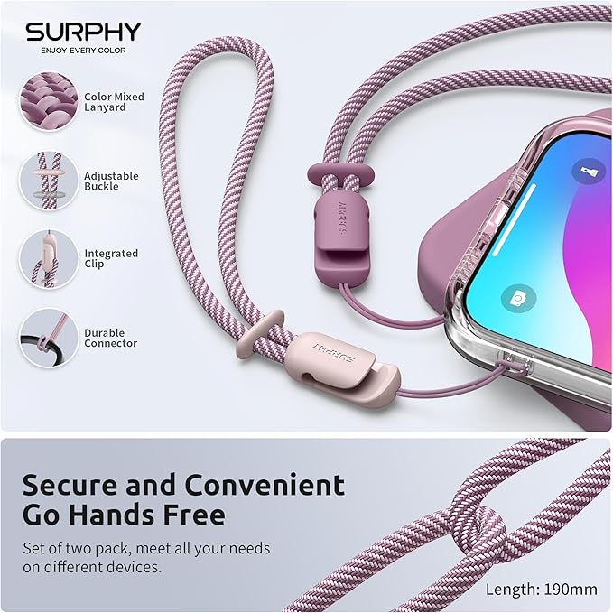 SURPHY 2 Pack Phone Lanyard for Cellphone Case, Phone Wrist Strap for Case, Cellphone Strap with 2-Color Braided, Charm Wrist Lanyard for Women, Cellphone Wrist Lanyard for Women, Pink & Lilac Purple
