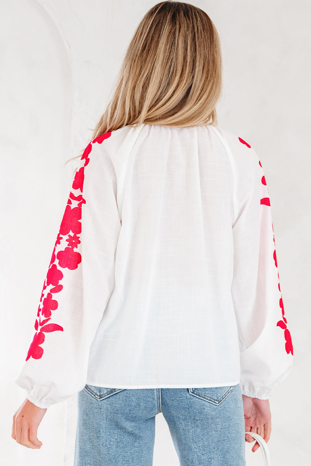 White Long Sleeve Floral Embroidered Casual Blouse - Image 2