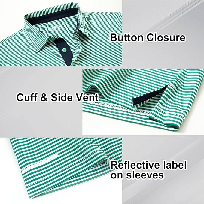 Men's Striped Performance Golf Polo Breathable Sport Casual Shirt