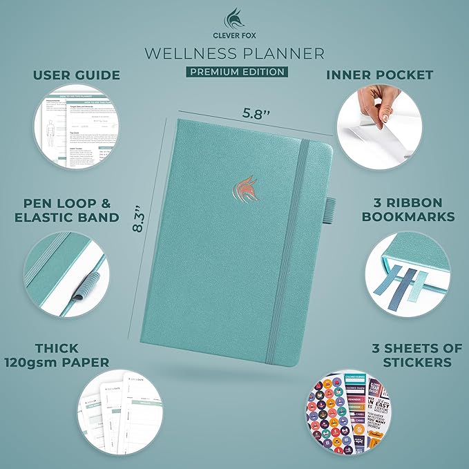 Clever Fox Wellness Planner - Weekly & Daily Health and Wellness Log, Food Journal & Meal Planner Diary for Calorie Counting, Notebook for Medical Condition Tracking, A5-Sized - Aquamarine