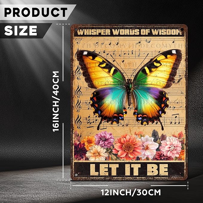 Vintage Garden Tin Sign Whisper Words Of Wisdom Let It Be Retro Butterfly Metal Poster Funny Wall Art Cafe Office Wall Decor for Kitchen Home Bar Pub Club 12 * 16inch