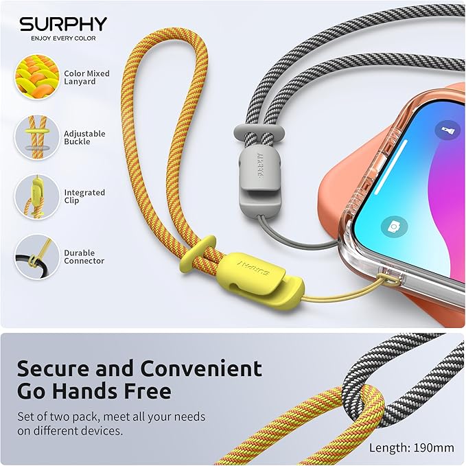 SURPHY 2 Pack Phone Lanyard for Cellphone Case, Phone Wrist Strap for Case, Cellphone Strap with 2-Color Braided, Charm Wrist Lanyard for Women and Men, Yellow & Gray