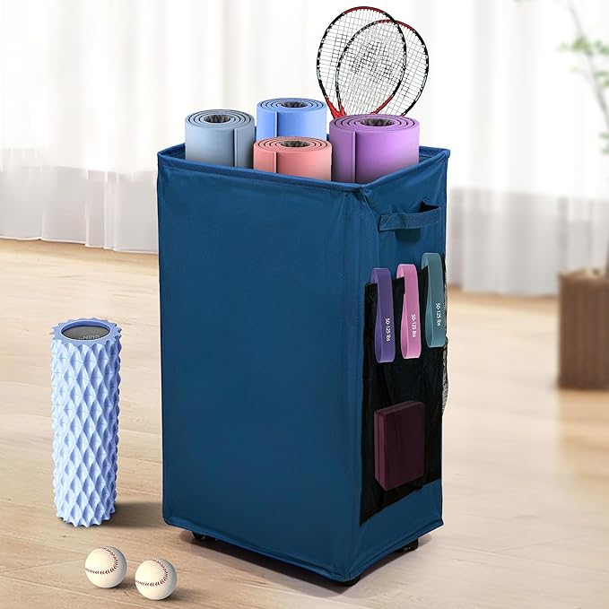 Yoga Mat Storage Racks, Home Gym Storage Rack with Wheels, Yoga Mat Holder Side 2 Mesh Pockets, Yoga Storage Basket Holds 4 Yoga Mats, 2 Foam Rollers, 6 Resistance Bands