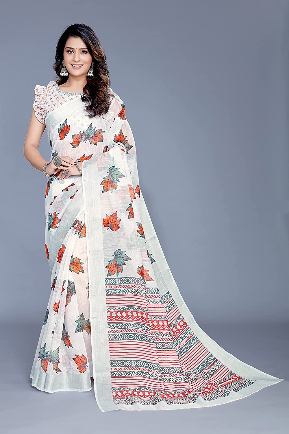 Women's White Cotton Blend Saree with Blossom Leaf Print