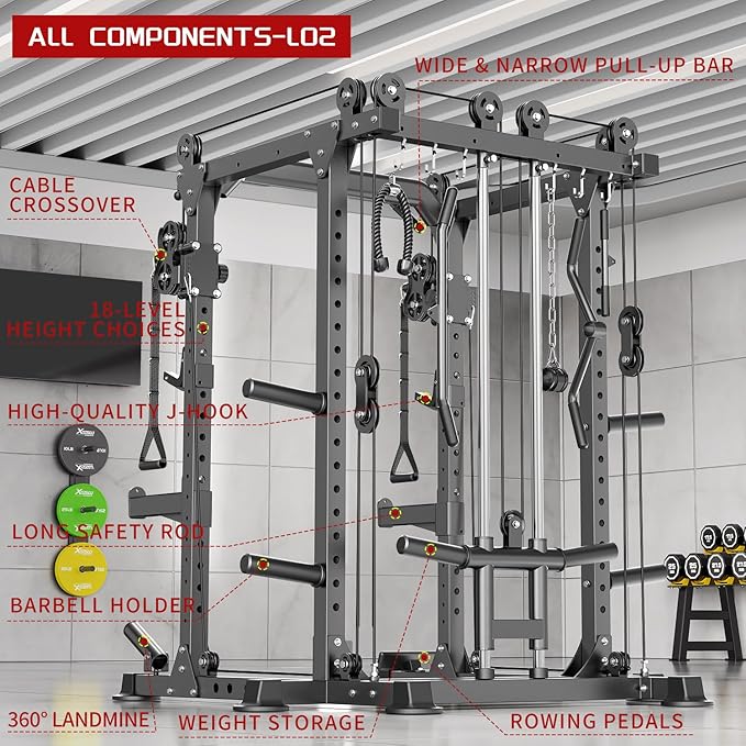 Power Cage,1600lbs Multi-Function Power Rack with Adjustable Cable Crossover System and More Training Attachment, Weight Cage for Home Gym