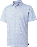 Man wearing a short sleeve striped performance golf polo shirt with moisture wicking fabric