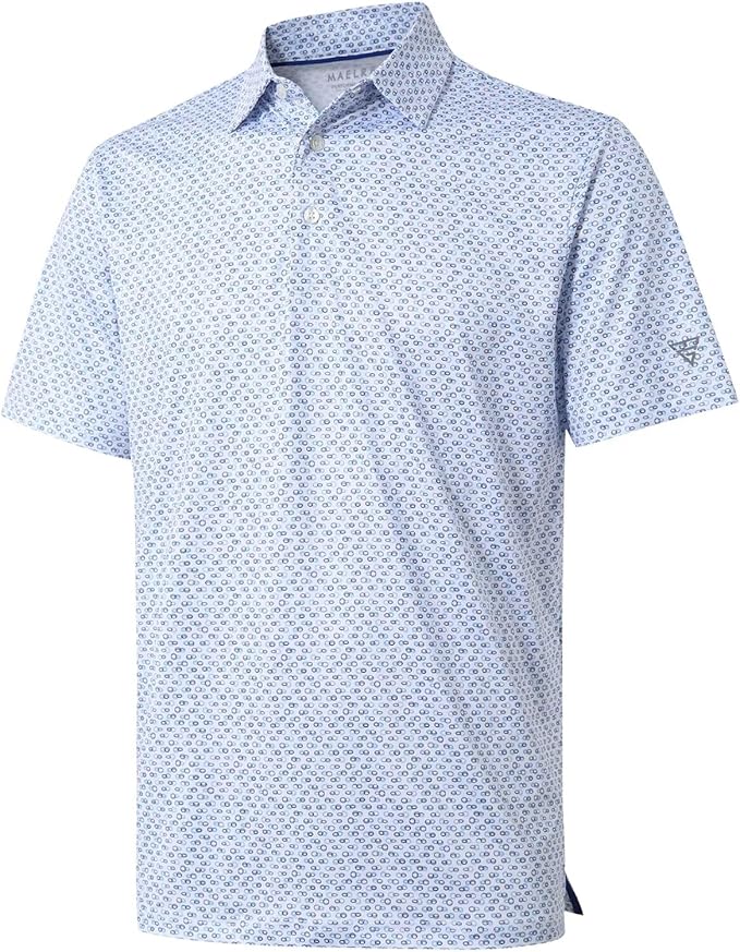 Man wearing a short sleeve striped performance golf polo shirt with moisture wicking fabric