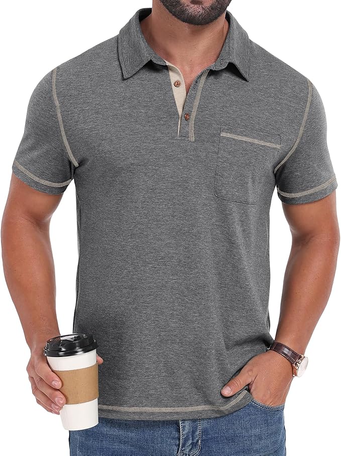 Men's Short Sleeve Polo Shirt with Pocket Casual Summer Golf Top