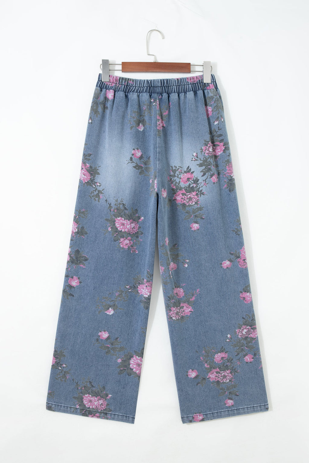 Floral Denim Wide Leg Jeans High Rise Pull-On Casual Pants