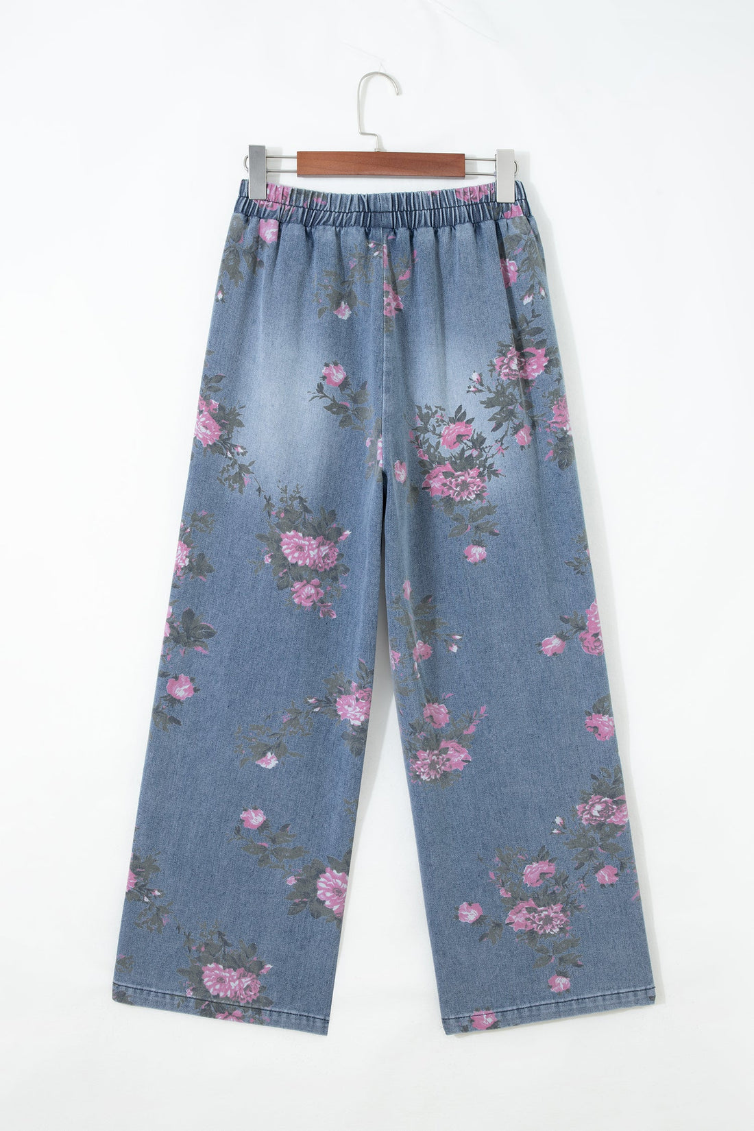 Floral Denim Wide Leg Jeans High Rise Pull-On Casual Pants