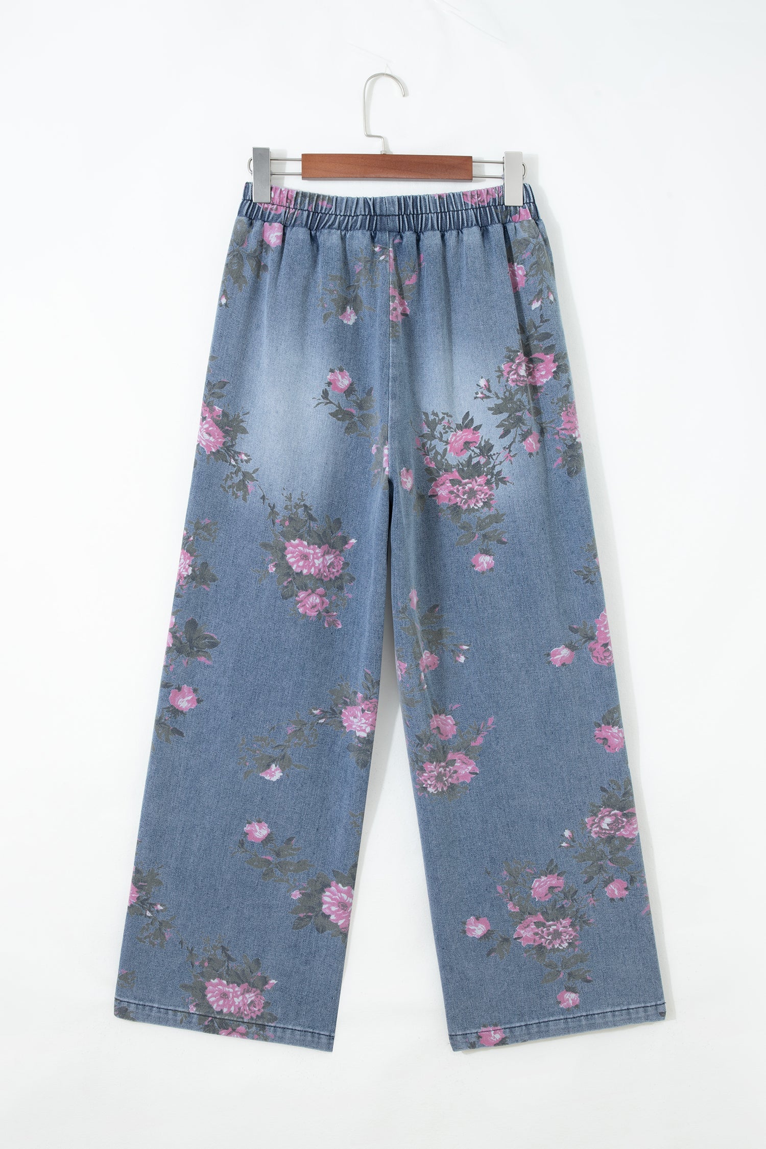 Floral Denim Wide Leg Jeans High Rise Pull-On Casual Pants