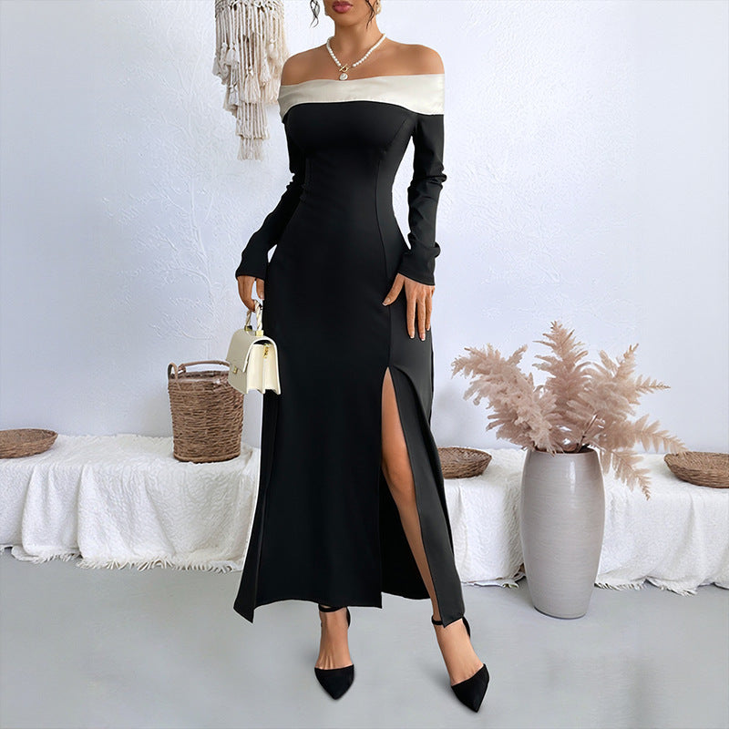 Modern One Shoulder Patchwork Slim Long Dress Black White